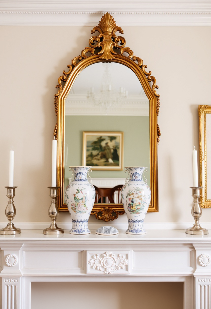 Traditional accessories like porcelain, candelabras, and mirrors