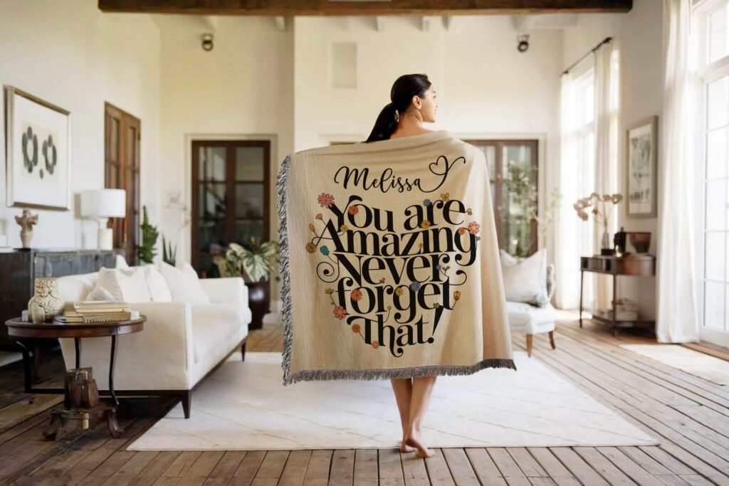 neutral personalized woven blanket