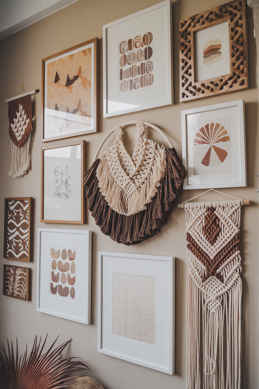 Boho gallery wall with eclectic prints and macramé