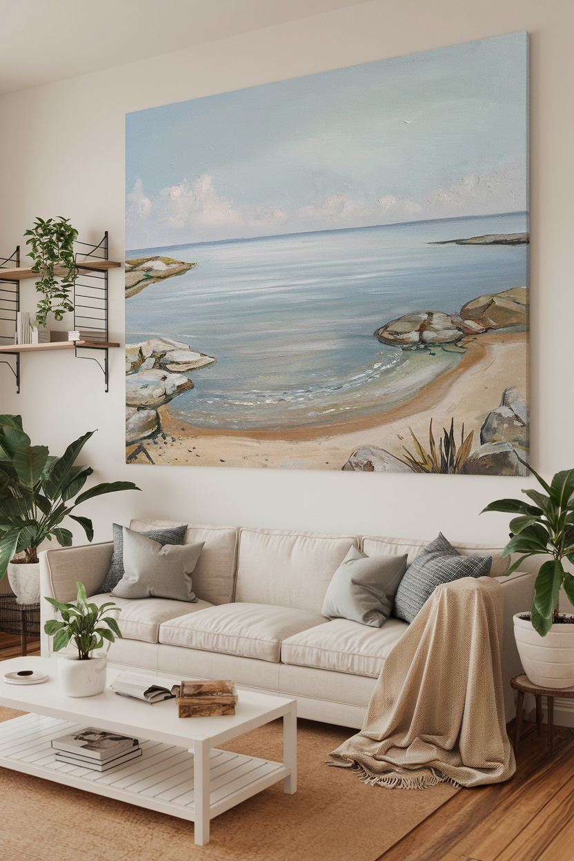 Large-scale seascape artwork in a coastal living room