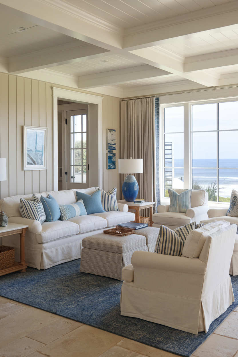 Slipcovered sofas and chairs in a coastal living room