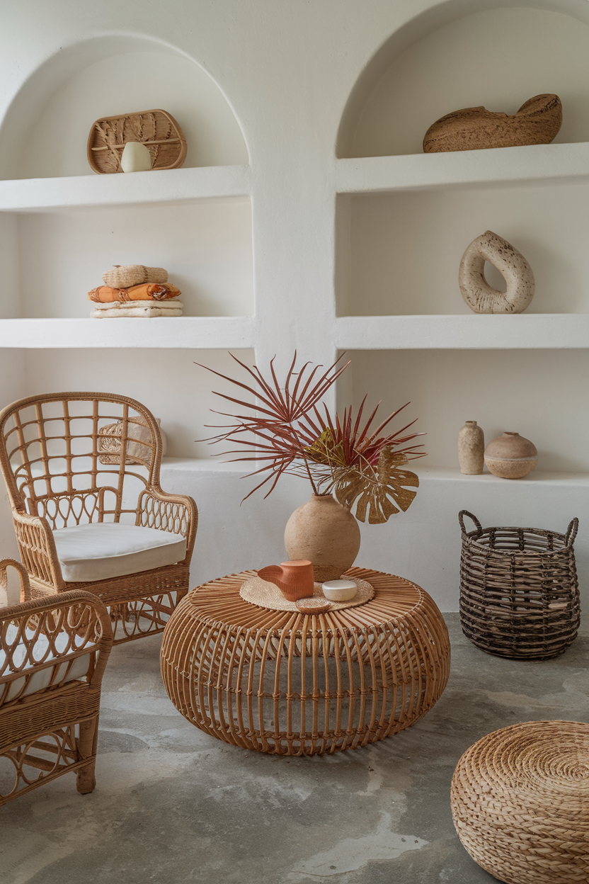 Wicker and rattan furniture pieces in a coastal setting