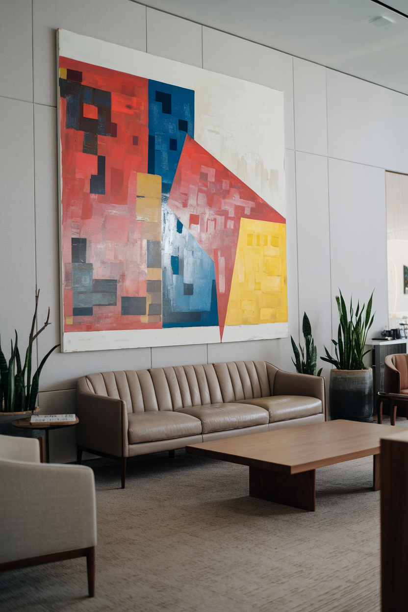 Oversized abstract painting above a sleek sofa