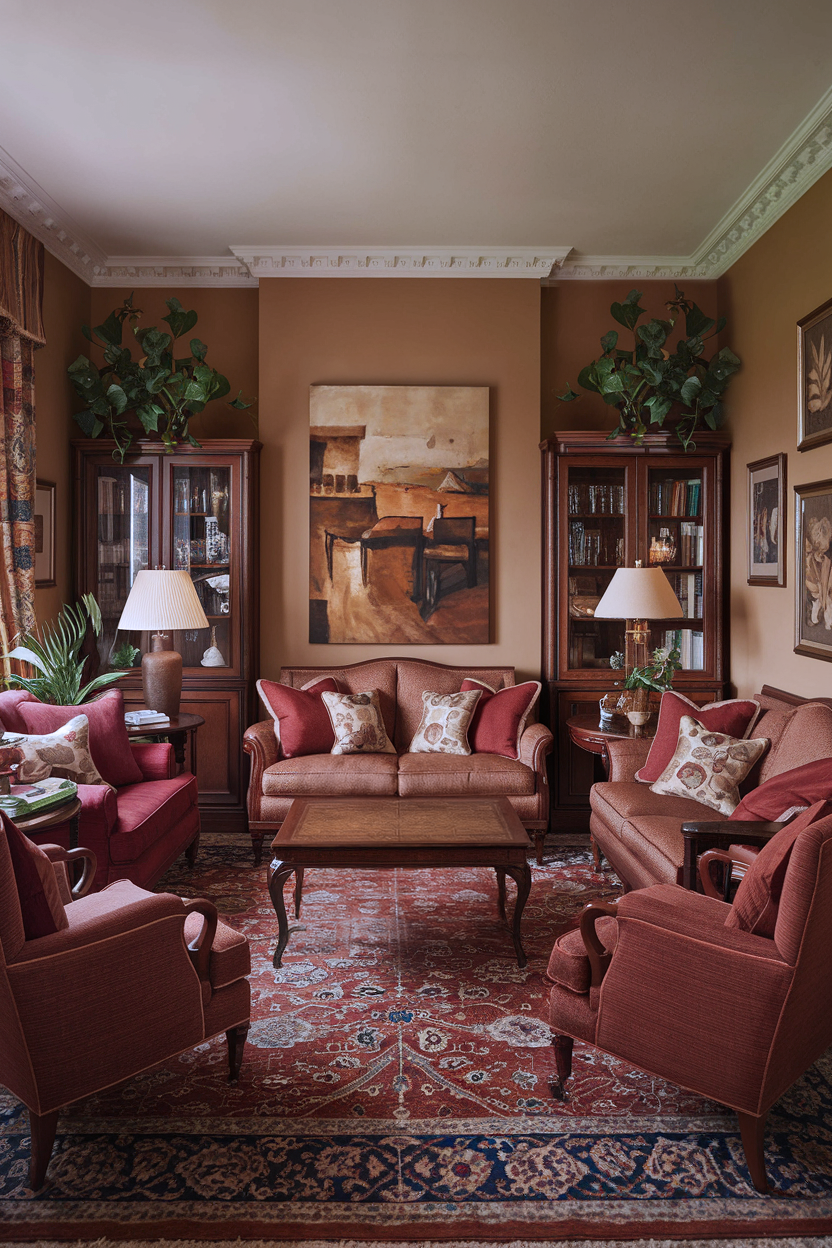 Living room with layered fabrics, traditional furniture, and symmetry