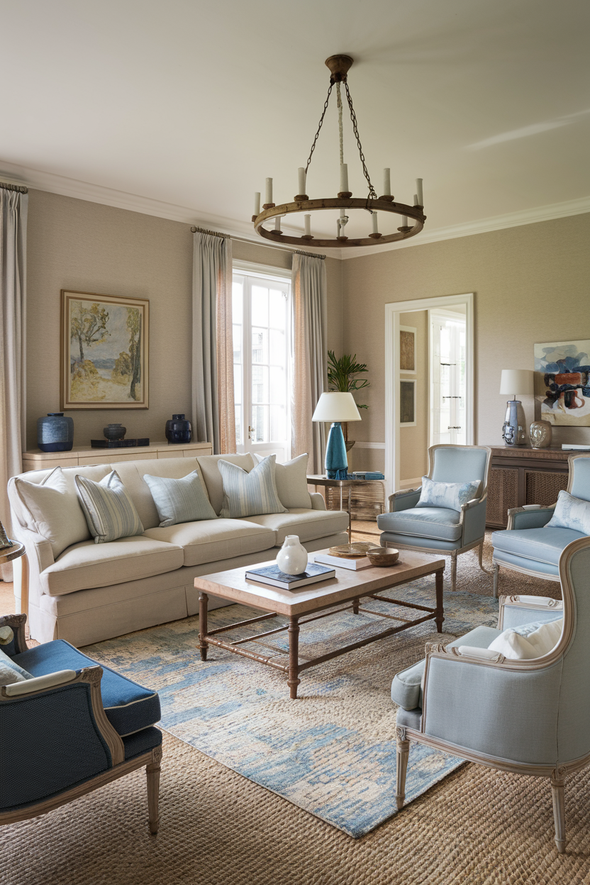 Natural fiber rug with soft blue and beige tones in a French Country room