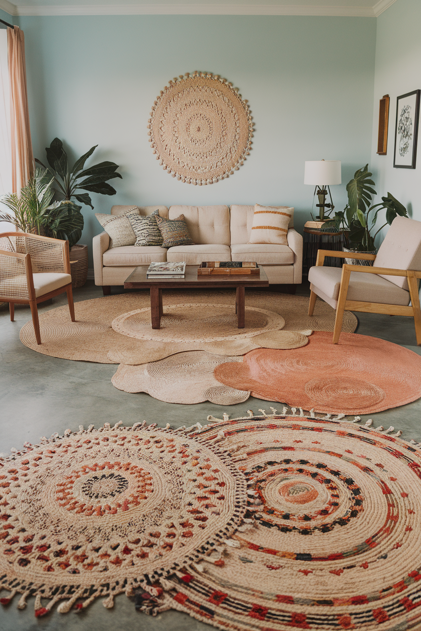 Layered Boho rugs in a living room