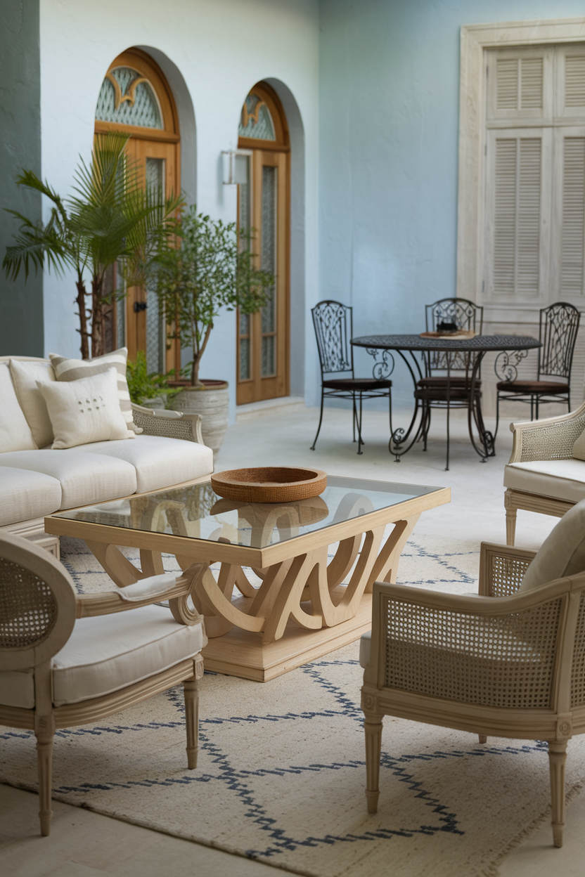 Rustic, Mediterranean-style living room with natural wood and wrought-iron furniture