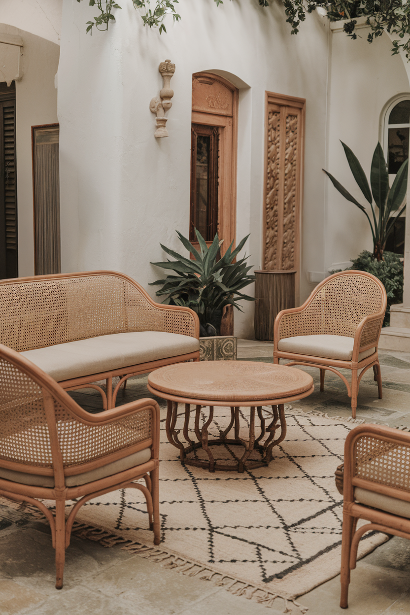 Living room with a woven jute rug and Mediterranean-style furnishings