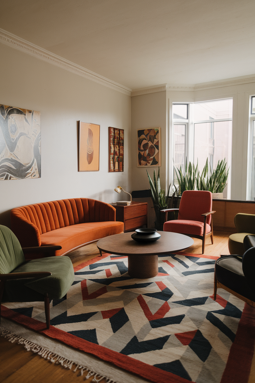 Living room with a bold geometric-patterned rug