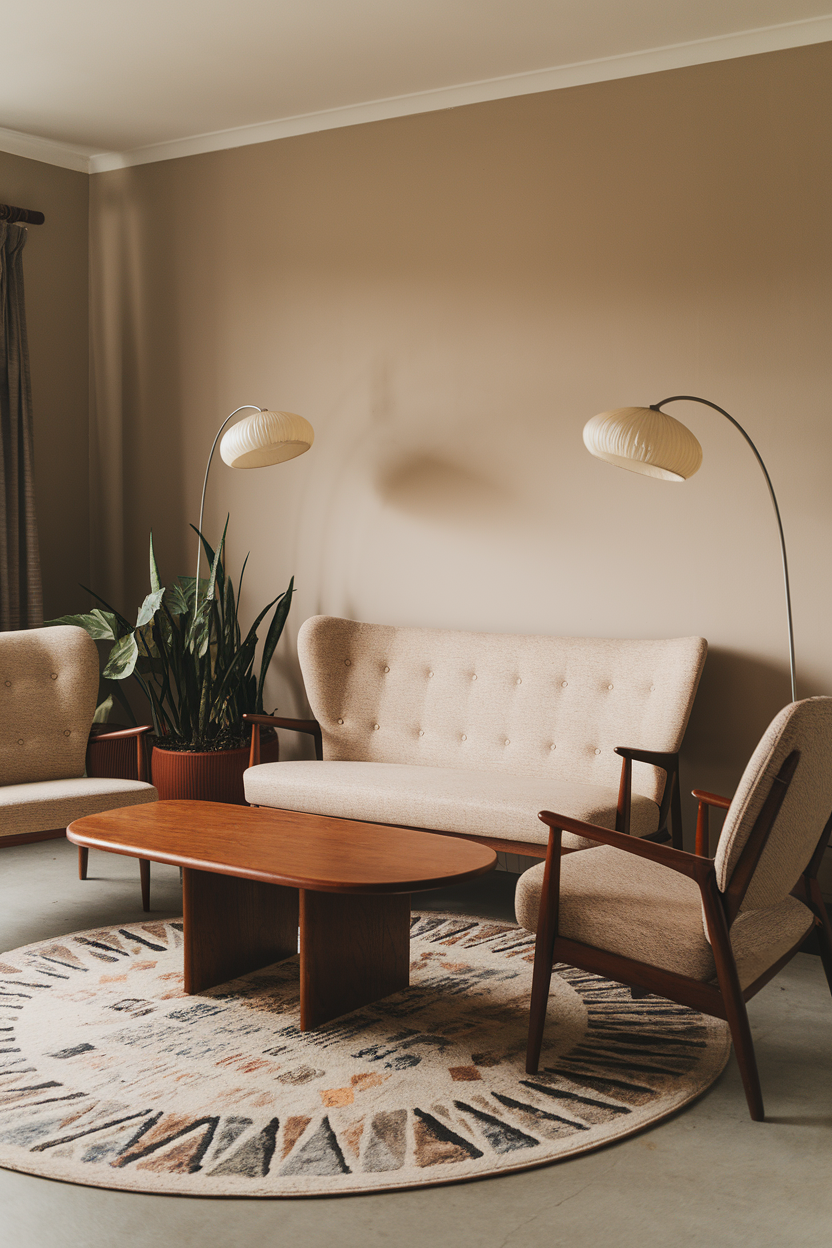 A cozy living room with classic mid-century furniture