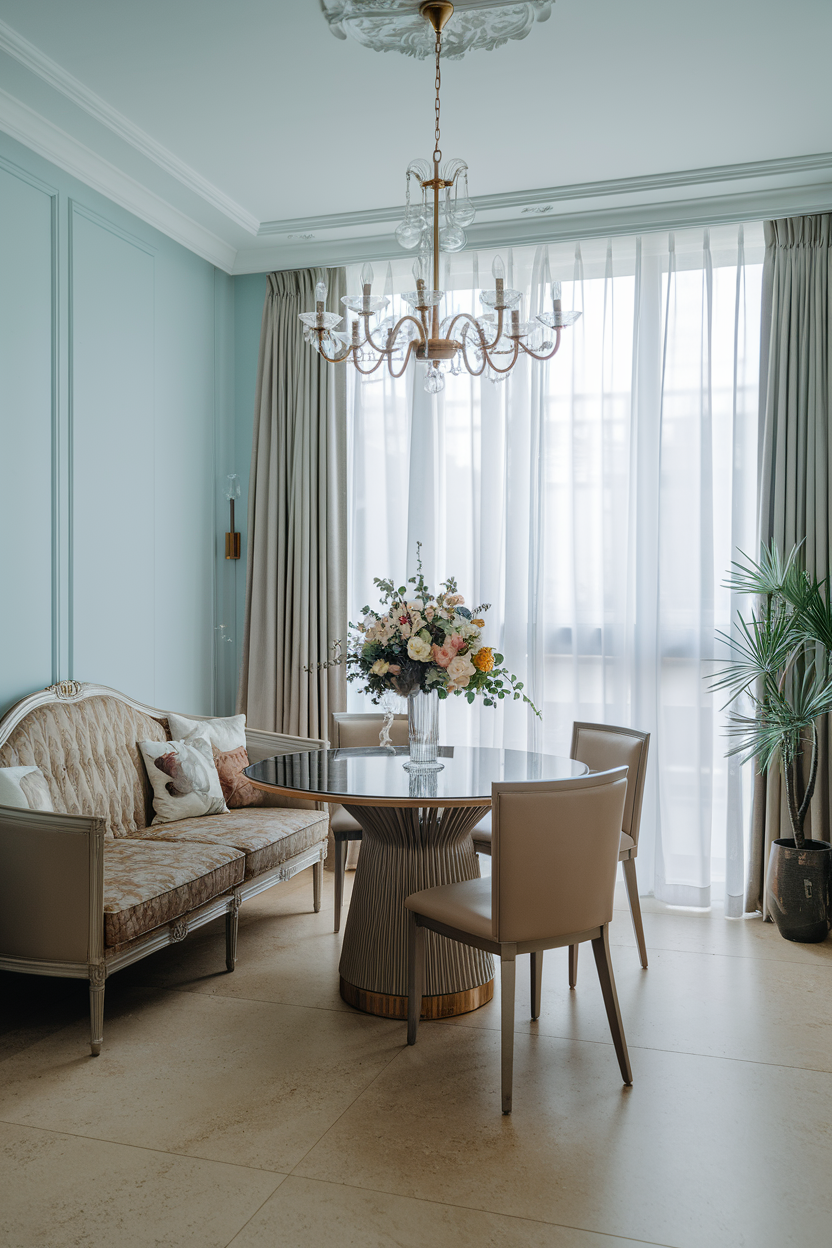 Elegant chandelier in a Modern French dining room