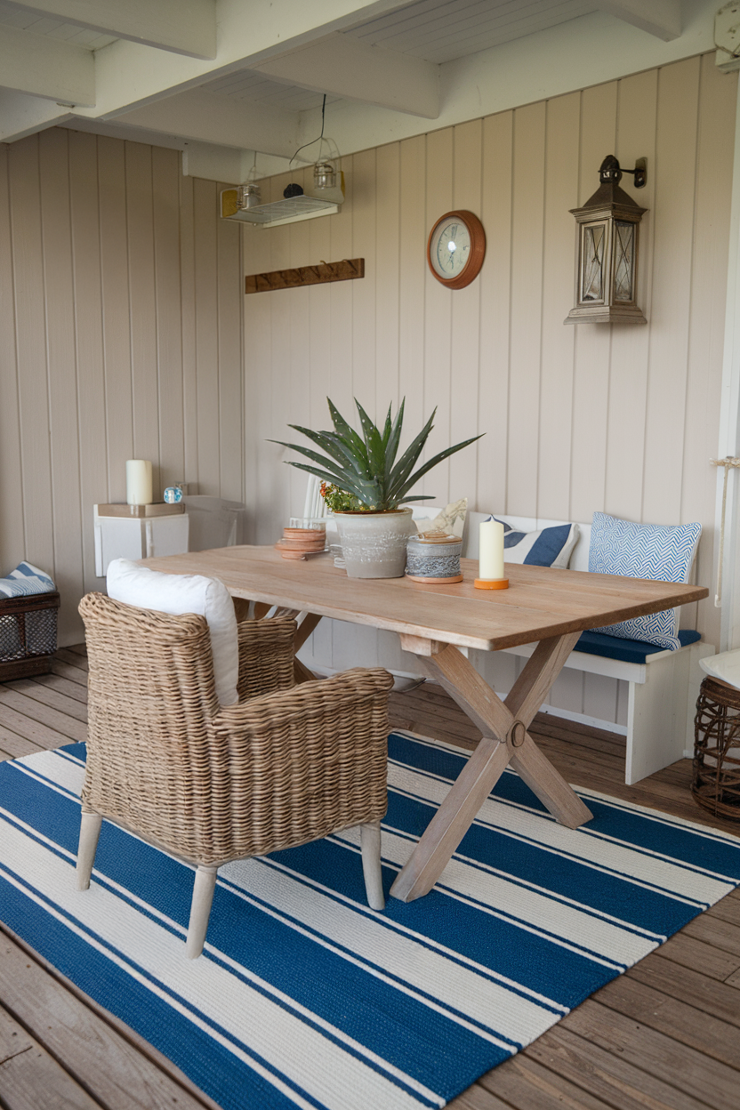 Blue and white striped rug in a coastal dining area