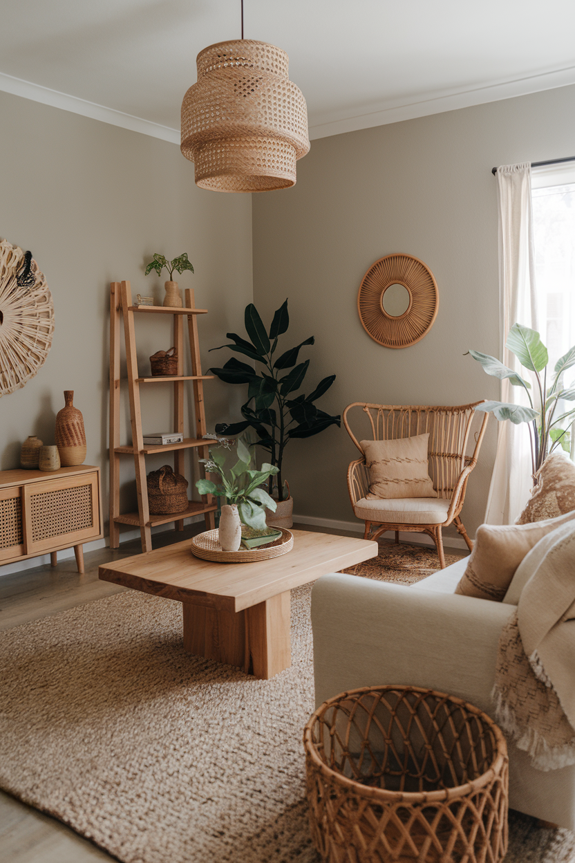 Boho living room with natural elements and textures