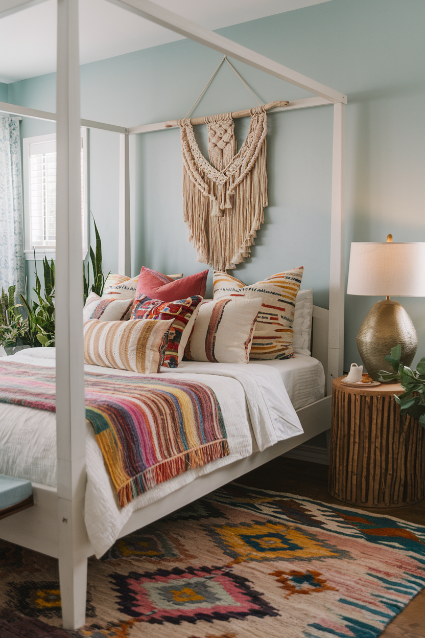 Boho-style bedroom with layered textiles and vibrant pillows