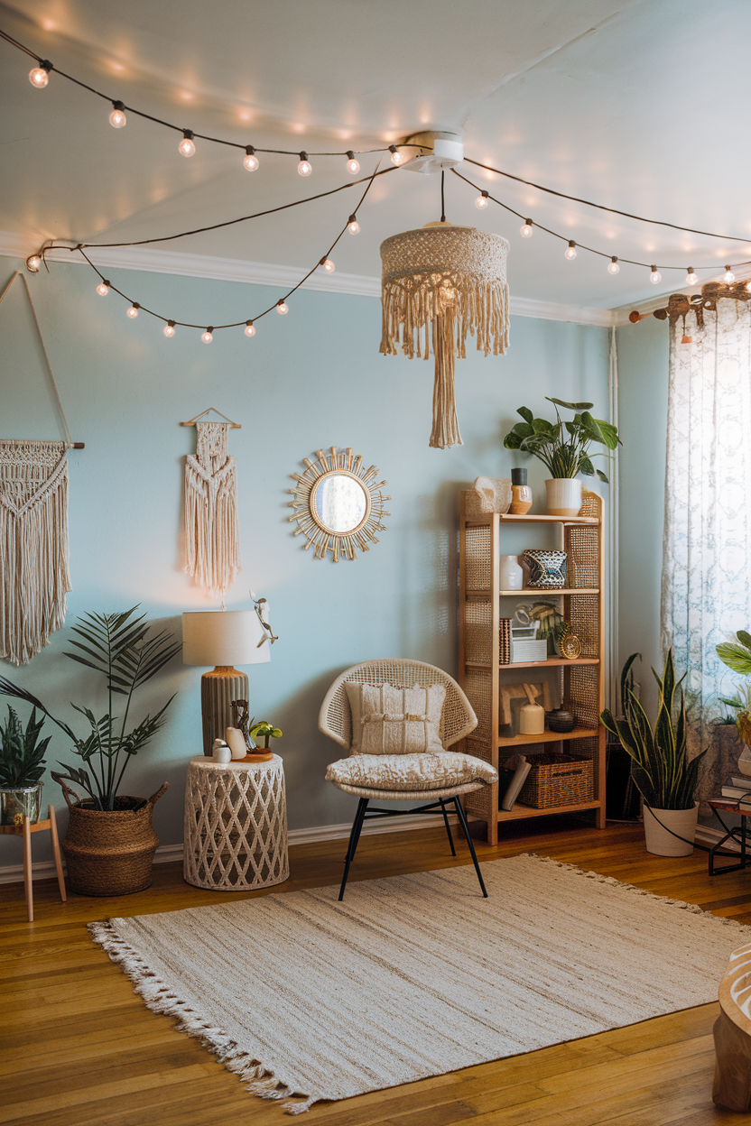 Boho-style room with string lights and a macramé pendant light