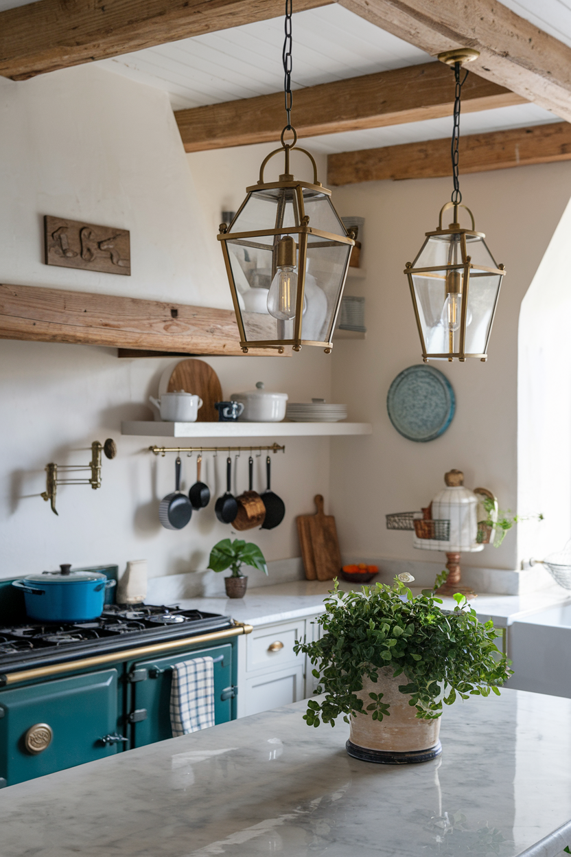 Lantern-style pendant lights in a coastal kitchen