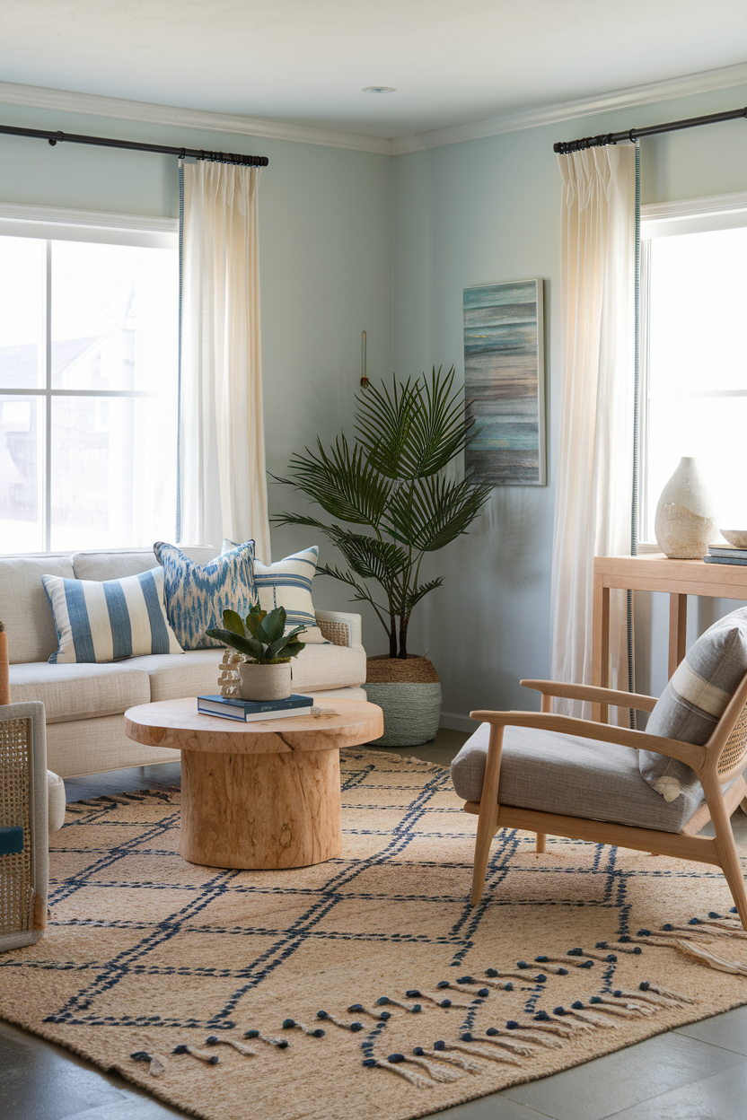 Natural fiber rug in a coastal living room