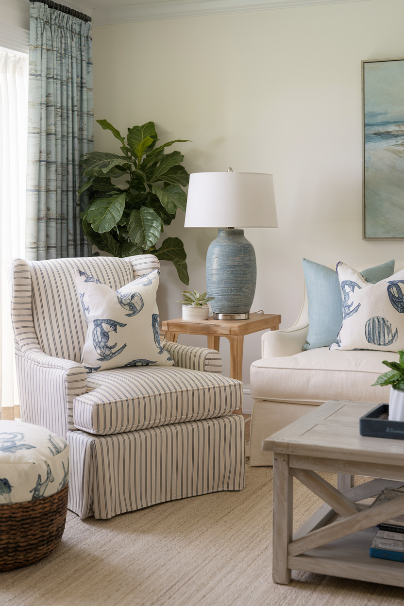 Throw pillows with nautical stripes and ocean-inspired prints