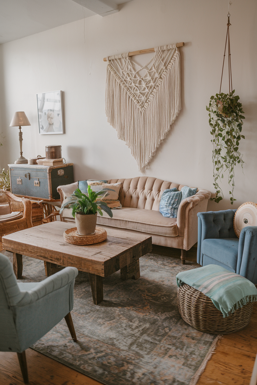 Cozy Boho living room with a mix of vintage furniture