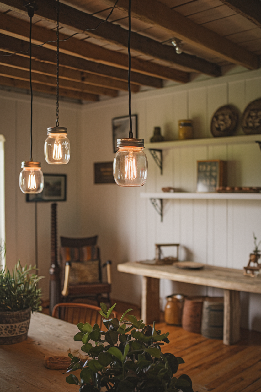 Warm lighting from mason jar pendants enhances the farmhouse ambiance.