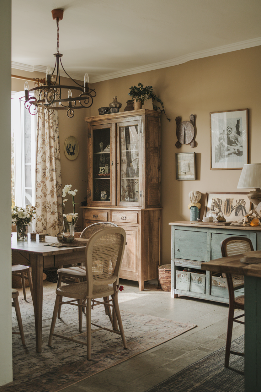 Rustic wrought iron chandelier with candles in a cozy dining area