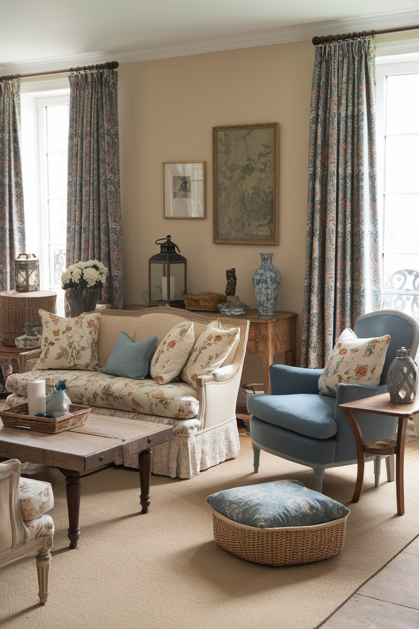 Cozy French Country-inspired living room with mismatched vintage furniture and soft textiles