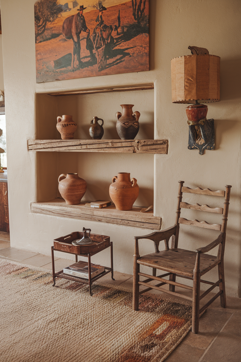 Southwestern pottery and vintage artwork