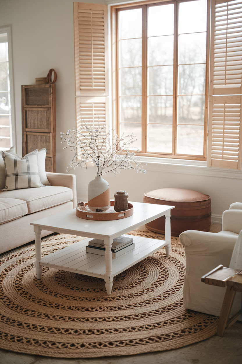 A braided jute rug brings a sense of warmth and tradition to farmhouse interiors.