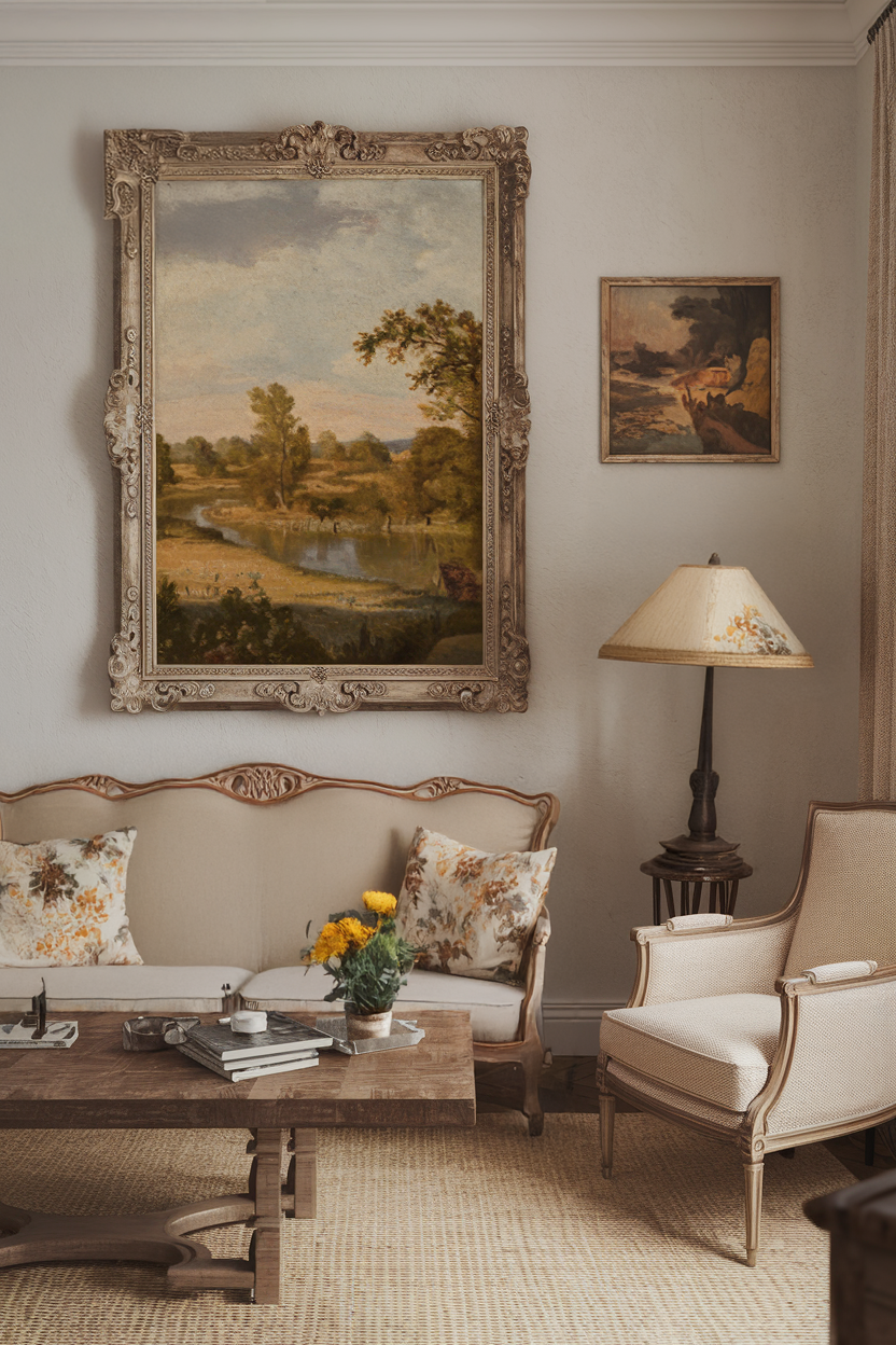 Vintage landscape painting in an ornate frame on a rustic wall