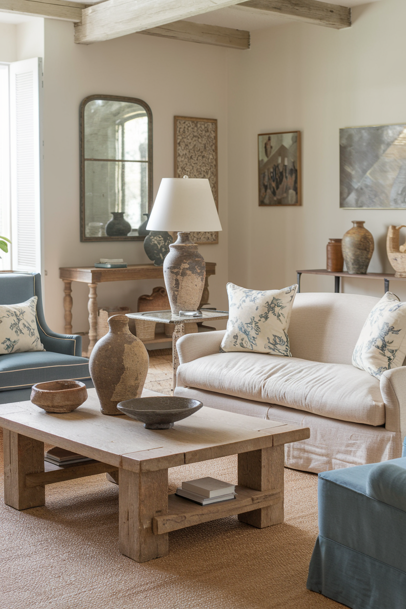 French Country living room with floral-patterned pillows and rustic pottery