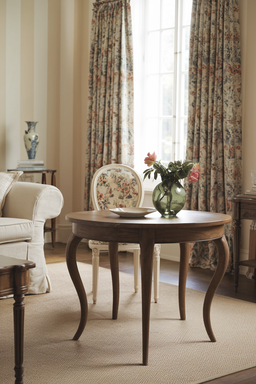 French Country-style wooden table with curved legs