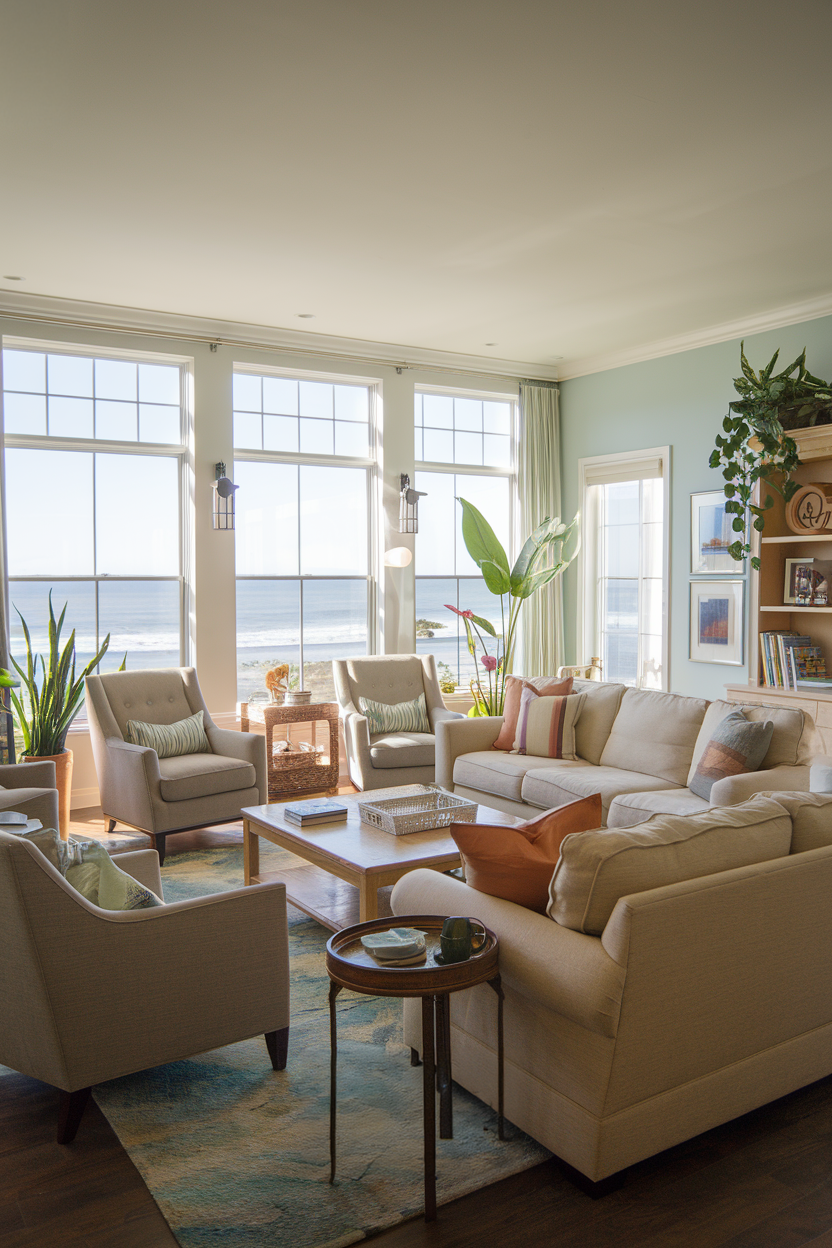 Coastal living room with large windows and plenty of greenery