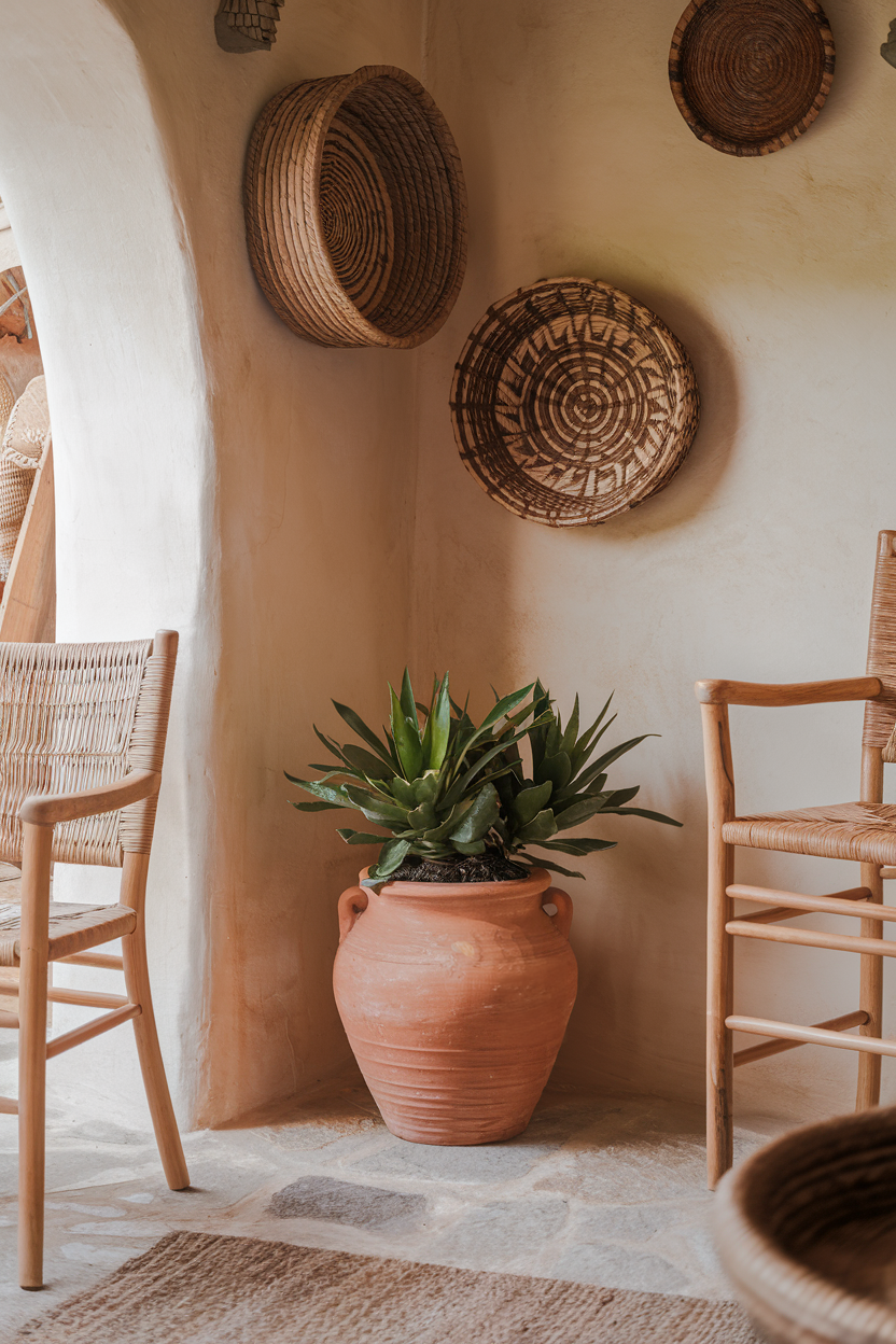 Bright, Mediterranean-inspired space with terracotta pottery and woven baskets