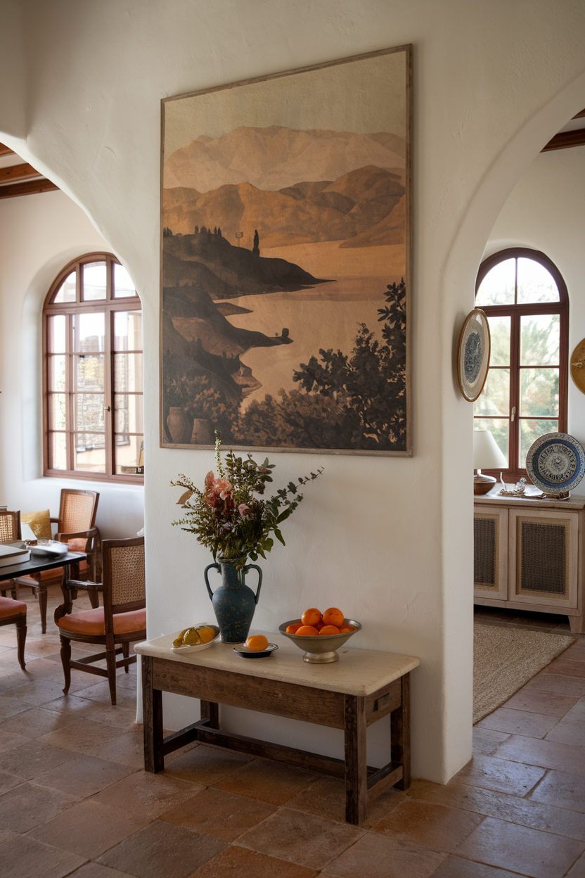 Wall with Mediterranean landscape paintings and wrought-iron framed mirrors