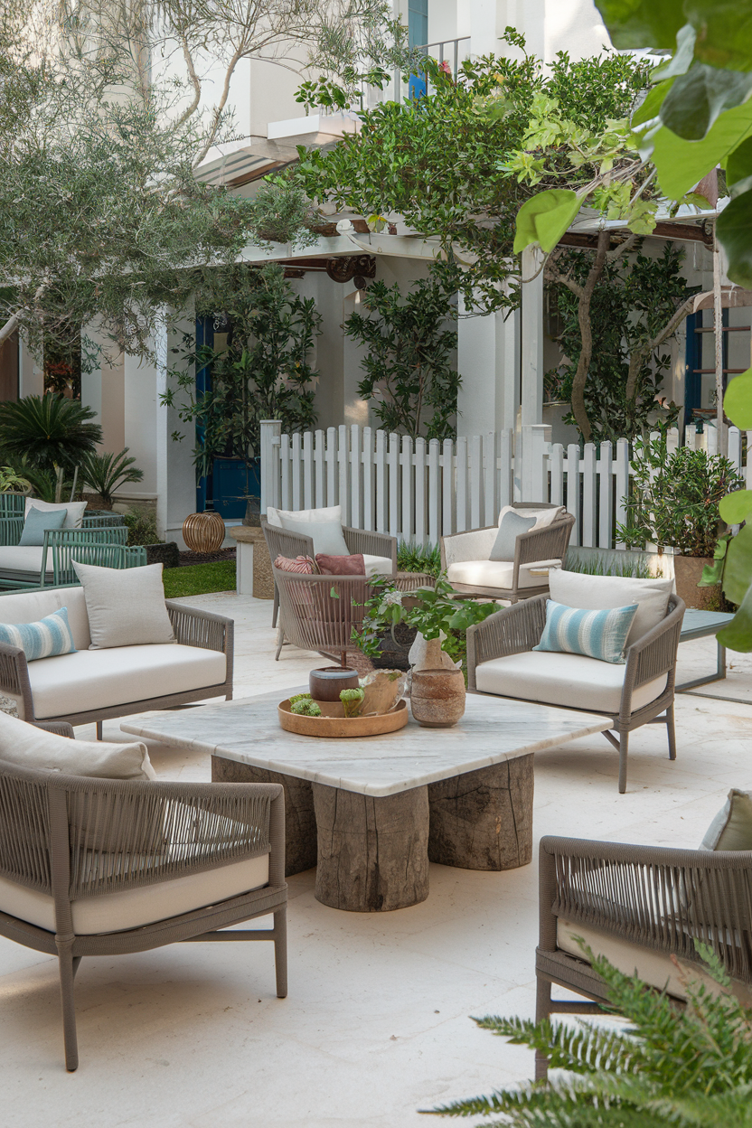 Mediterranean-style patio with natural stone tiles, lush greenery, and cozy seating