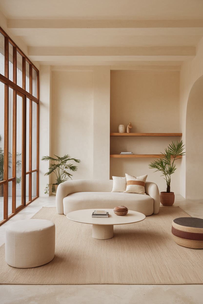 A minimalist, Zen-inspired room featuring neutral tones, natural materials, and clean lines.