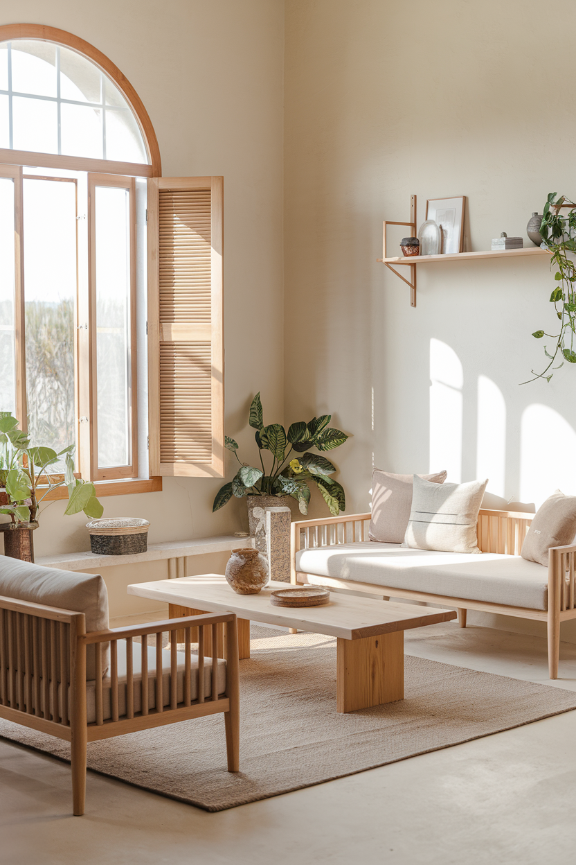 A room with natural wood furniture, soft neutral walls, and plenty of natural light.