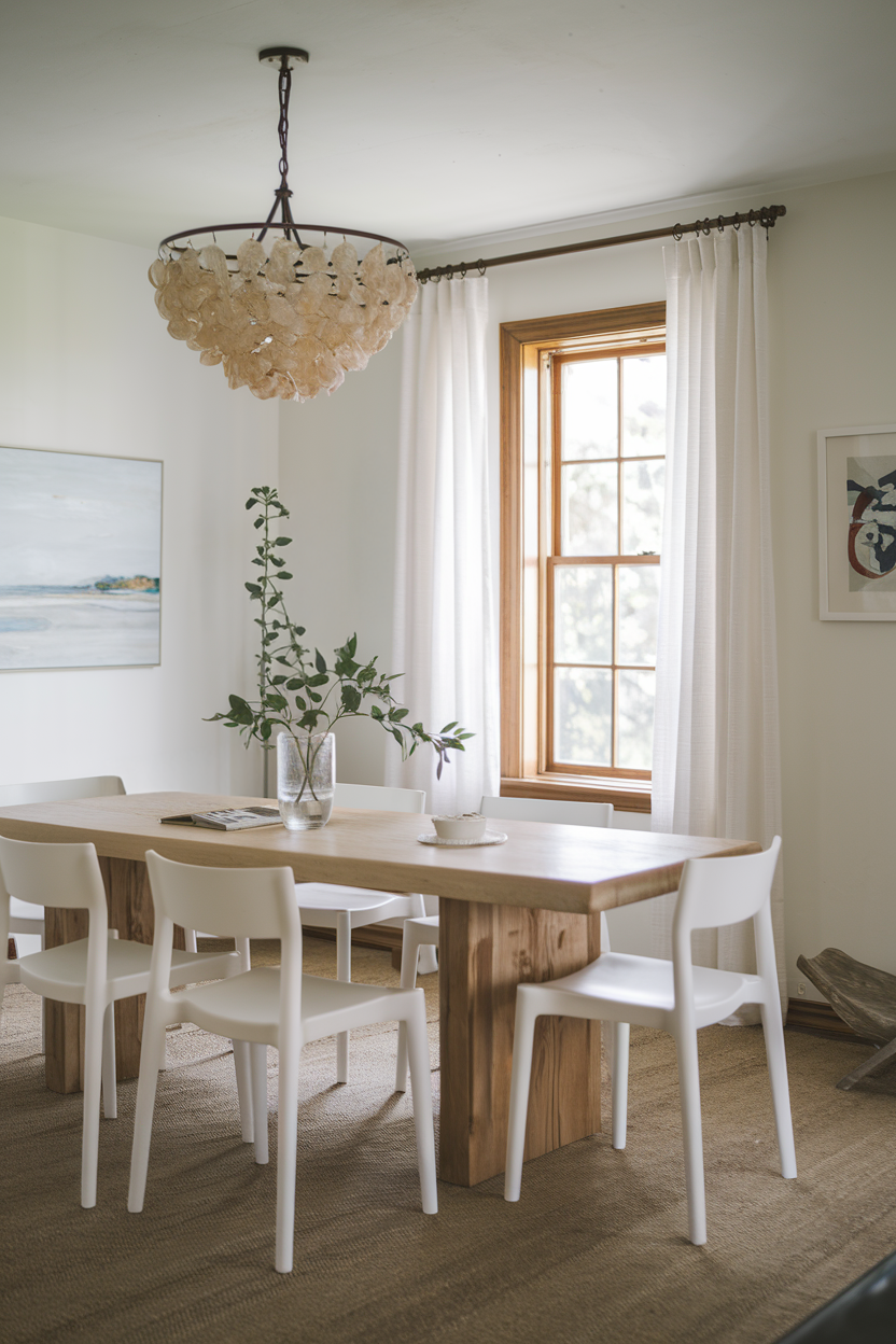 Capiz shell chandelier in a coastal dining room