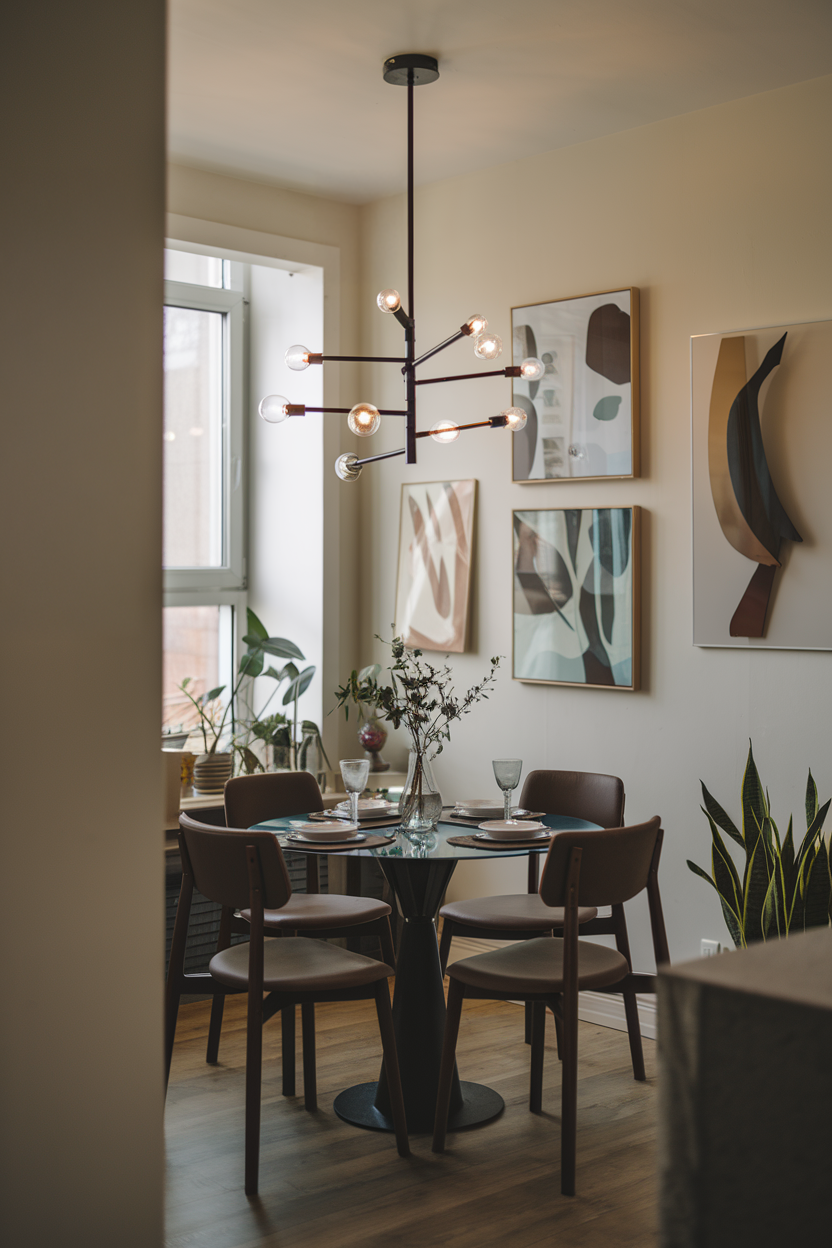 Modern chandelier above a dining table