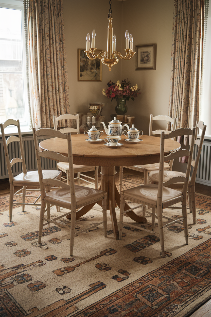 A cozy English Country-style room with warm lighting and brass chandeliers