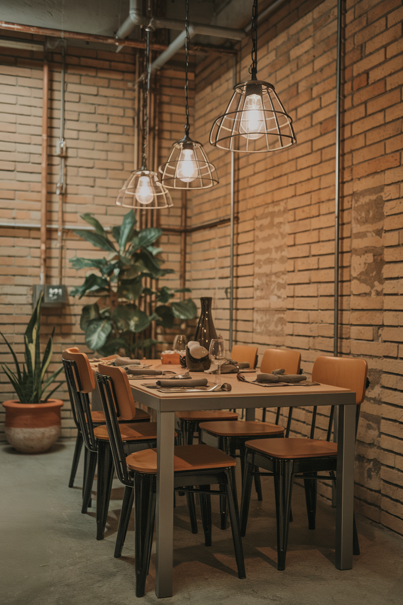 Open cage lights over a dining table in an industrial setting