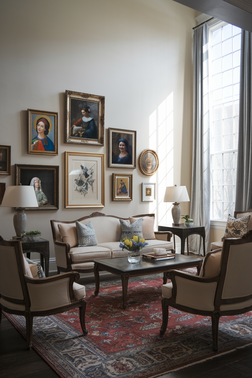 Gallery wall featuring classic artwork and framed portraits