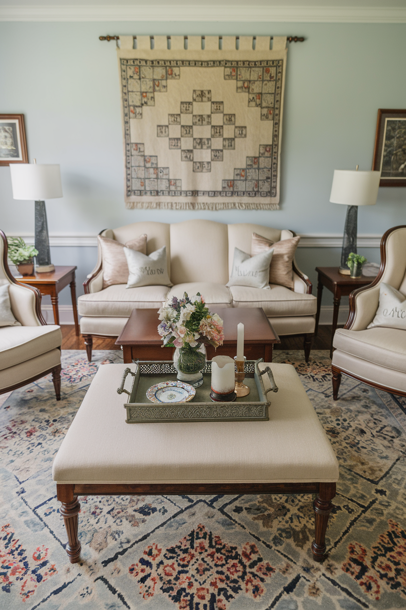 Living room with throw pillows and decorative tray