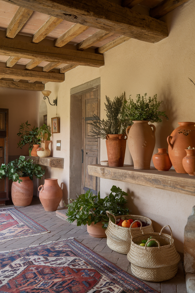 Terracotta pottery and woven baskets