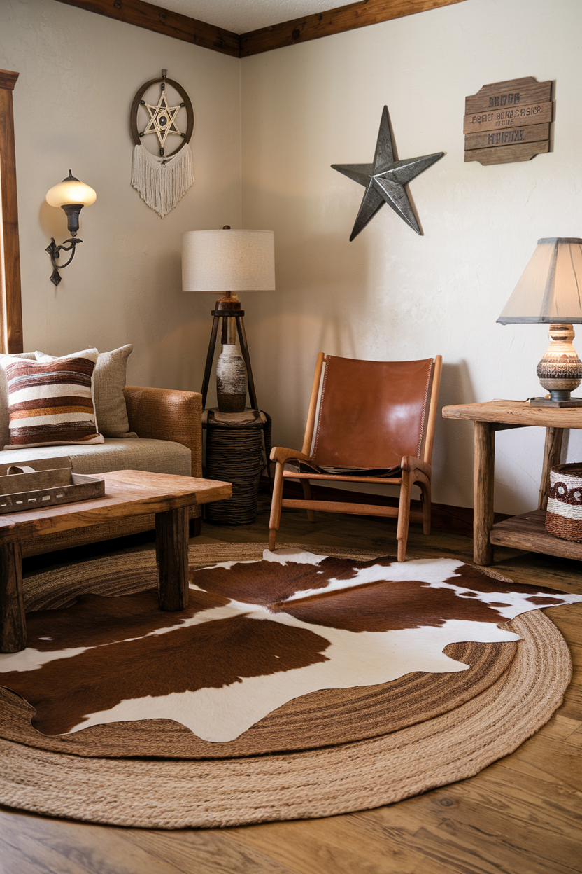 Layered rugs in Western-themed living room