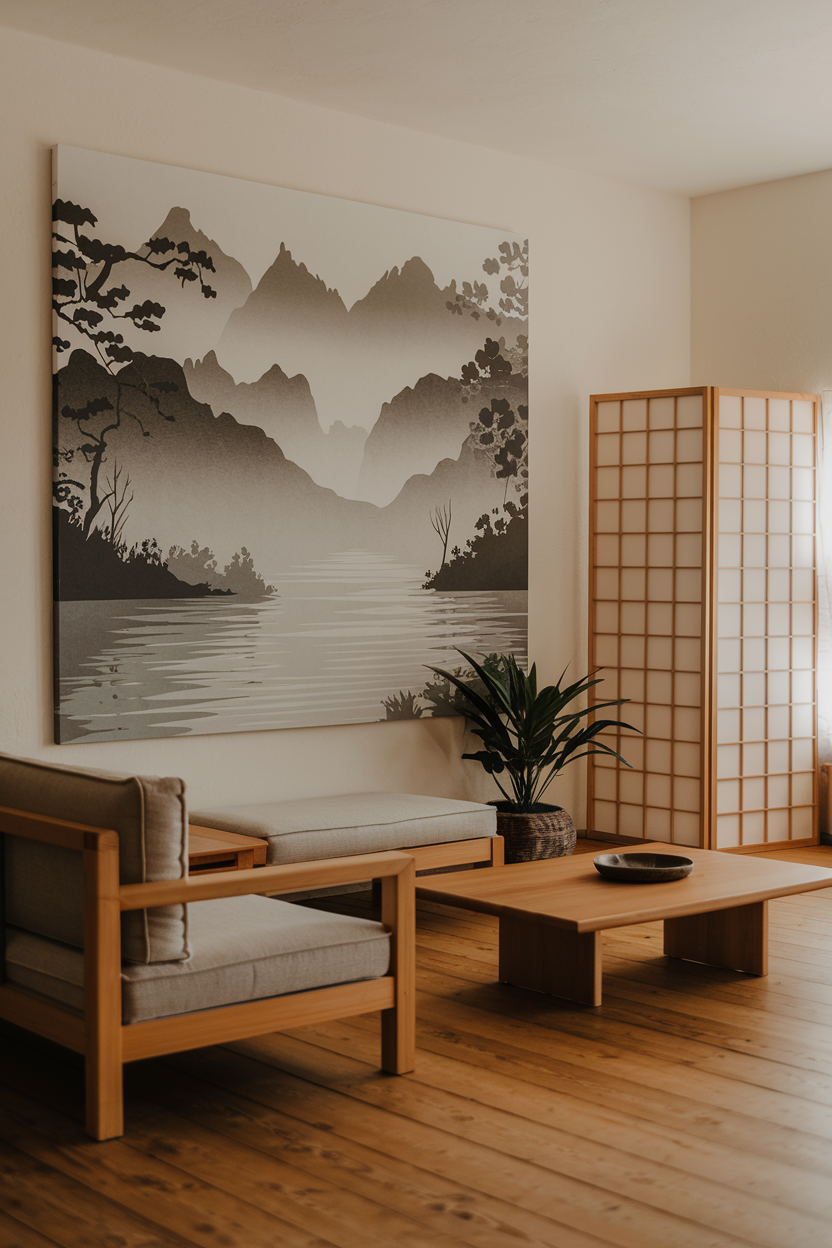 A large-scale nature photo or black and white calligraphy print on the wall.