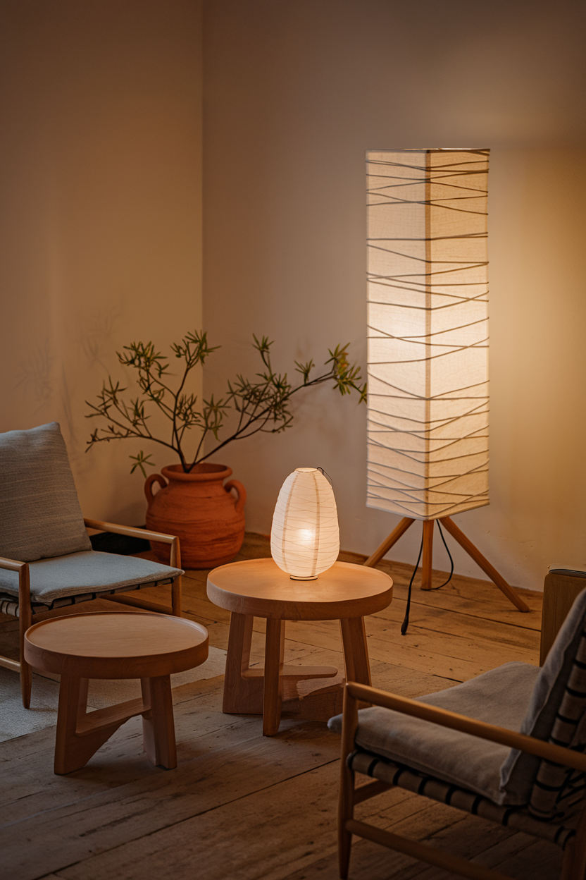 Soft, ambient lighting from paper lanterns and fabric-shaded floor lamps.