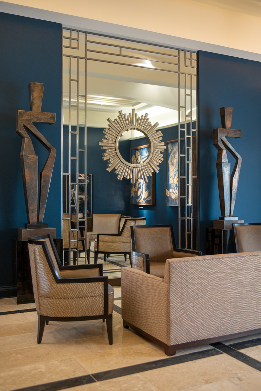 Art Deco mirror with a sunburst frame and bold sculptures