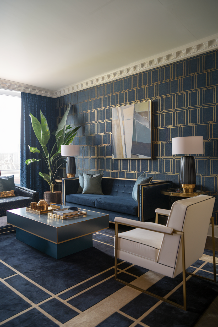 An Art Deco-inspired living room with rich materials and geometric shapes