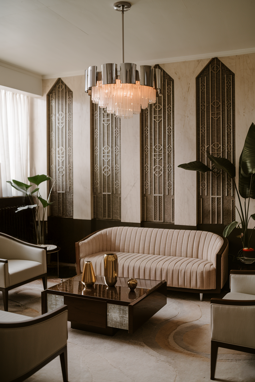 Art Deco chandelier with chrome and frosted glass elements in a stylish room